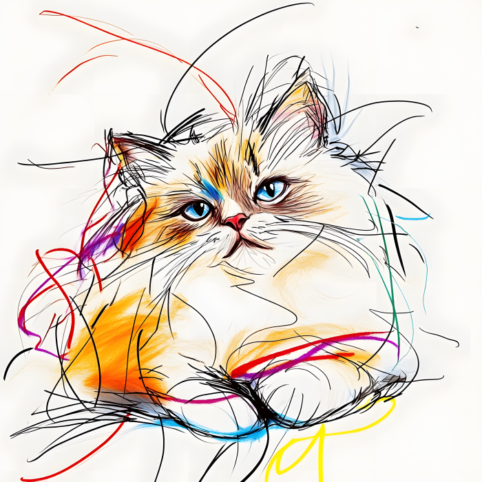 Loose line-art portrait of a white cat with blue eyes and colorful accents