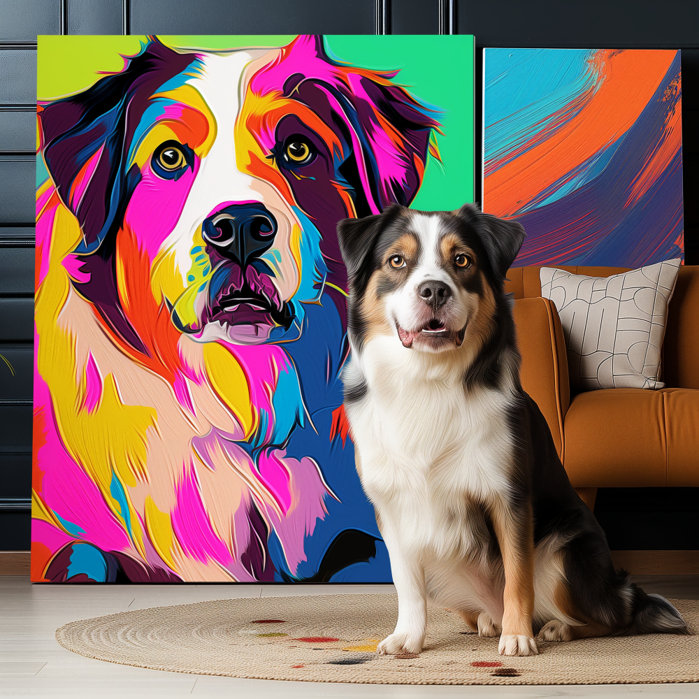 Dog beside a bright multicolor custom dog portrait canvas displayed at home
