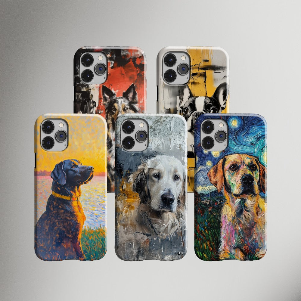 Five custom pet phone cases displaying different dog portrait designs