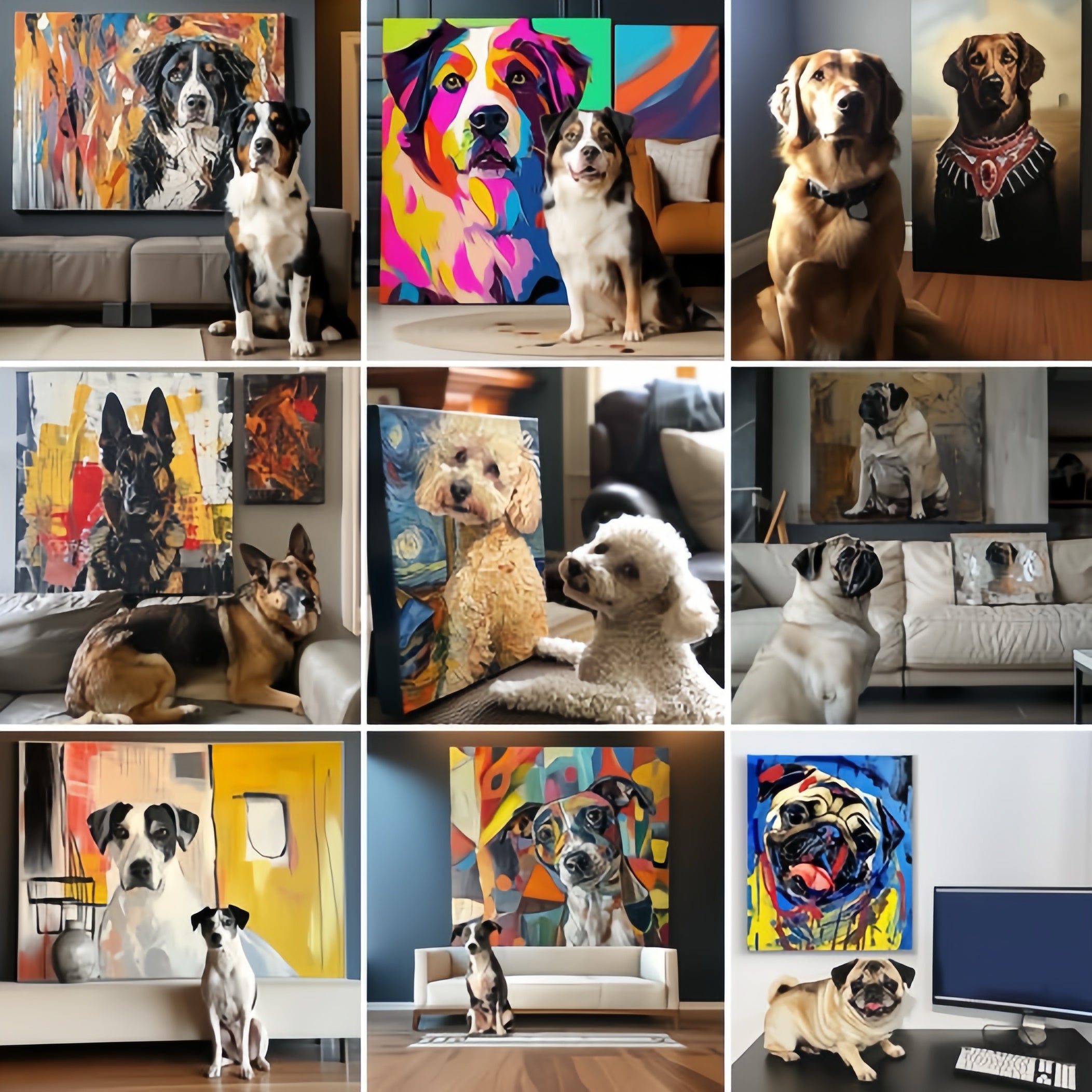 "Custom pet portraits on canvas showcasing the texture and vibrant colors of beloved pets."