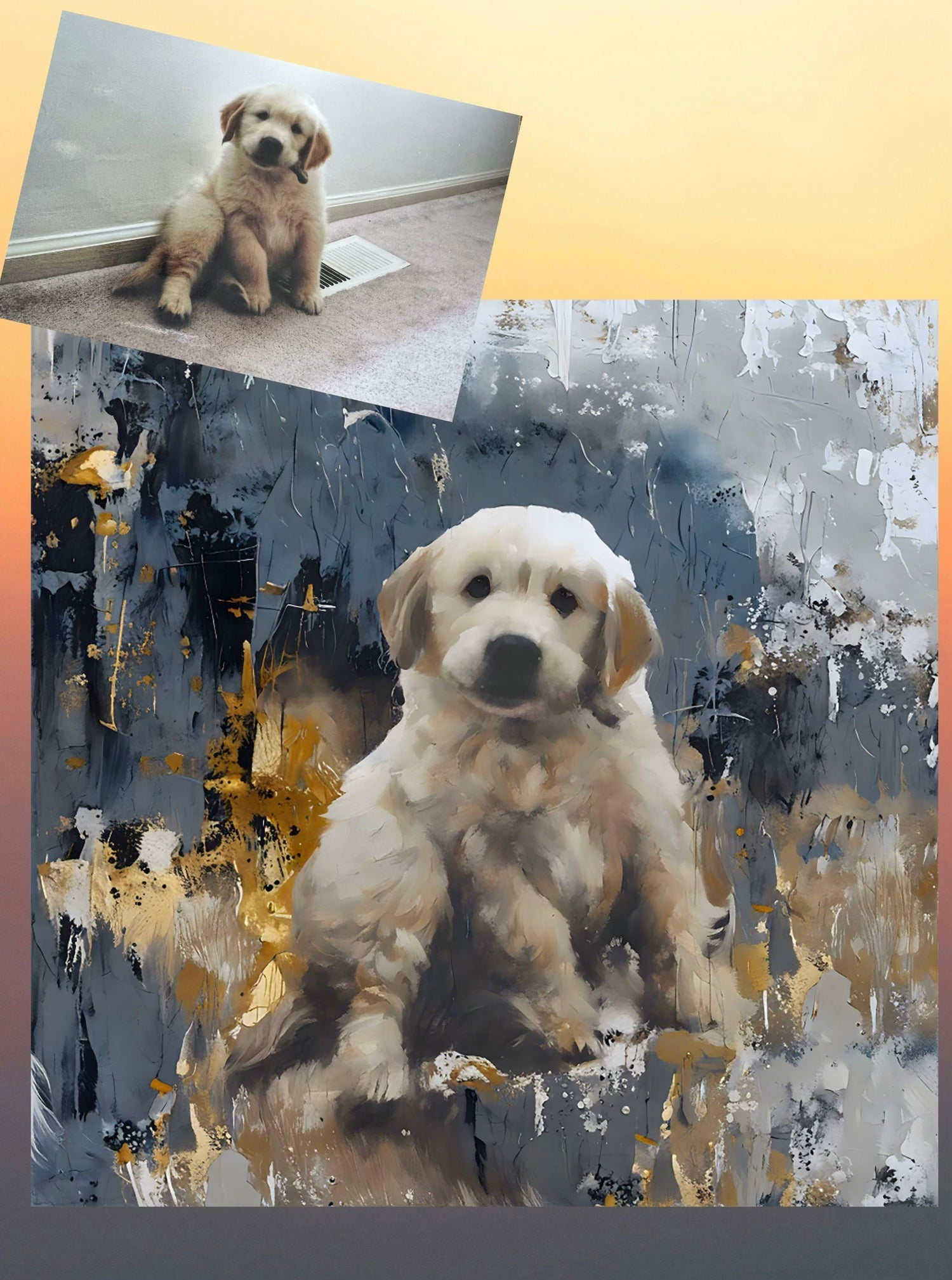 Customer puppy photo shown above its finished painterly custom pet portrait