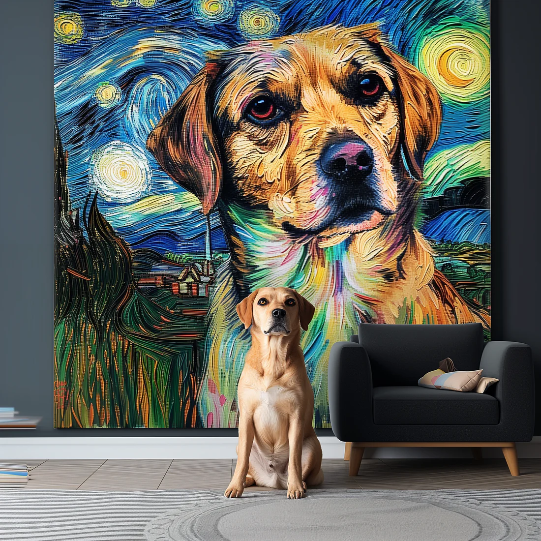 Golden retriever beside a large colorful custom dog portrait displayed in a living room