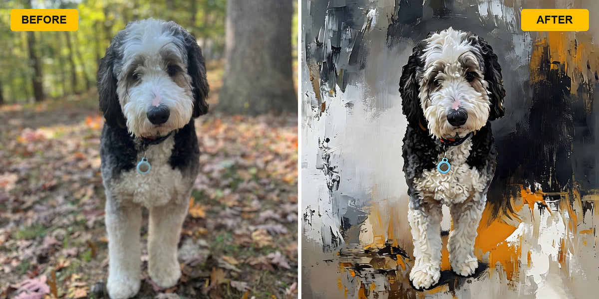Customer photo and custom pet portrait preview example