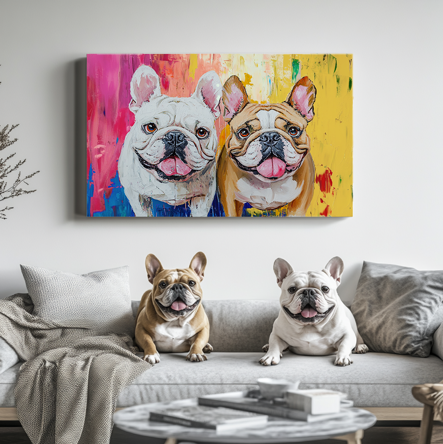Two French bulldogs below a colorful custom pet portrait canvas in a living room
