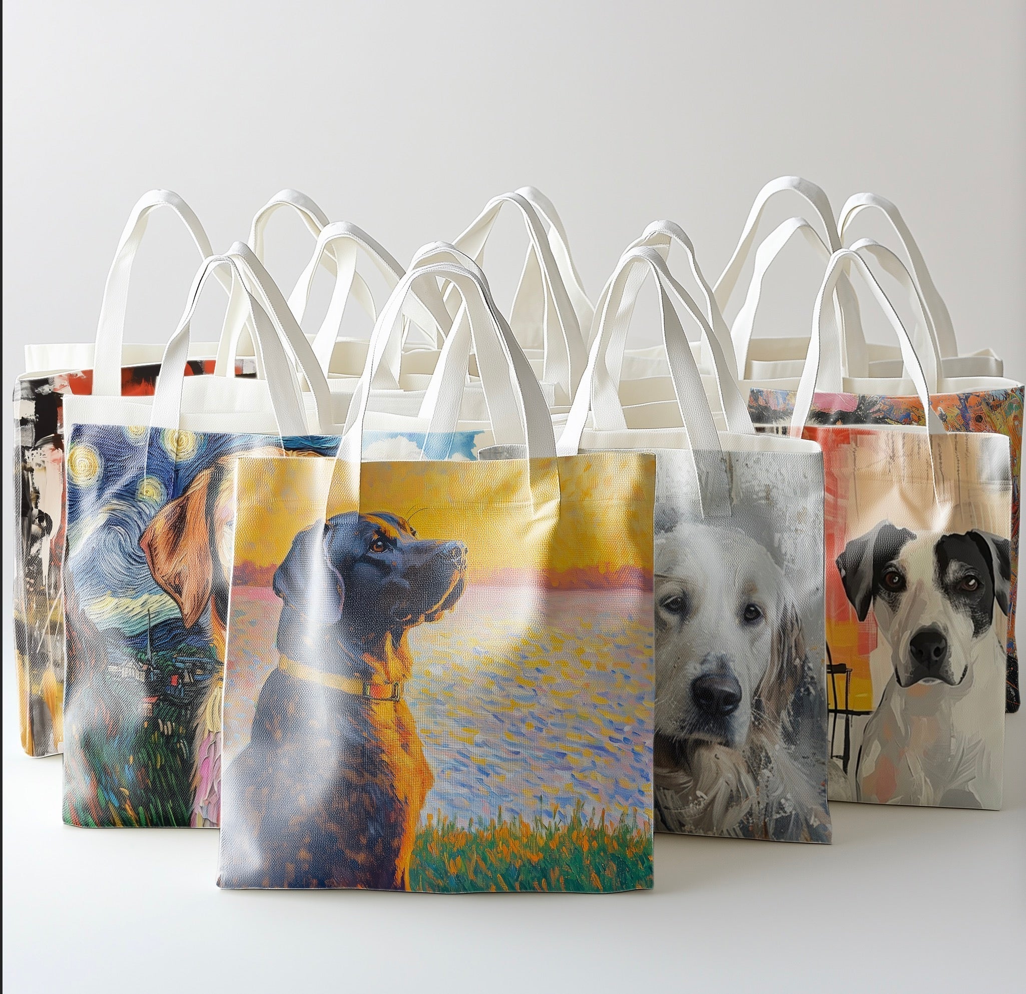 Collection of personalized pet portrait tote bags displayed together