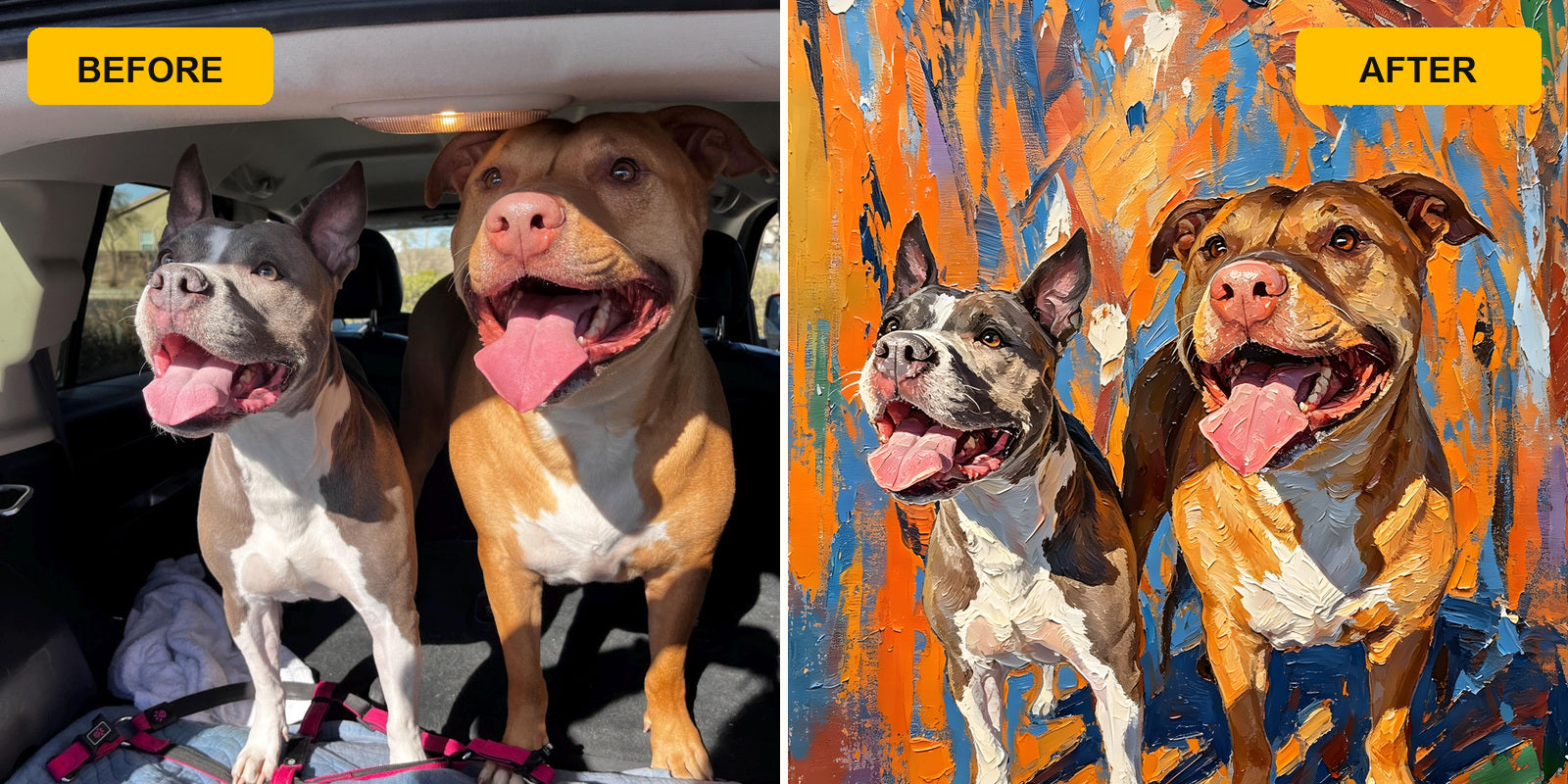 Before-and-after pet photo and custom portrait artwork example