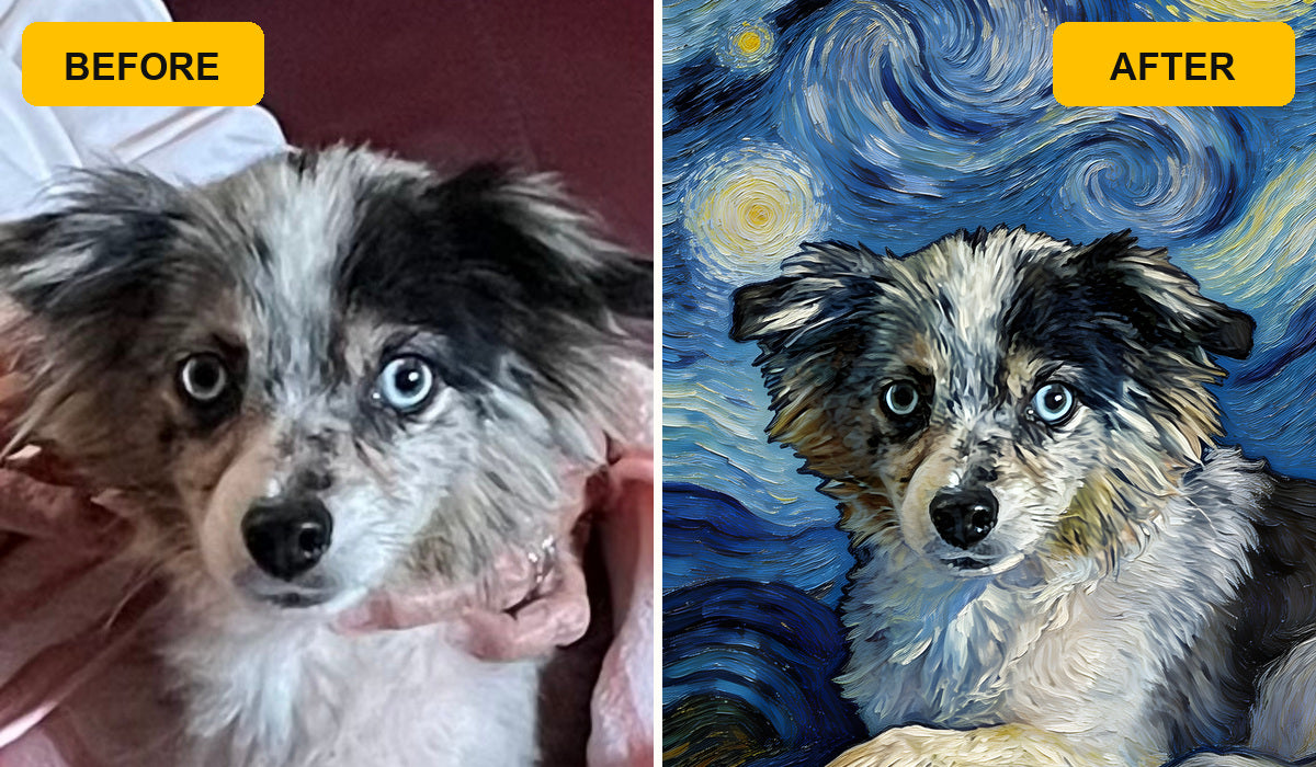Customer photo and custom pet portrait preview example