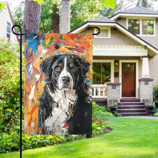 custom dog artwork garden flag mockup displayed in a front-yard setting