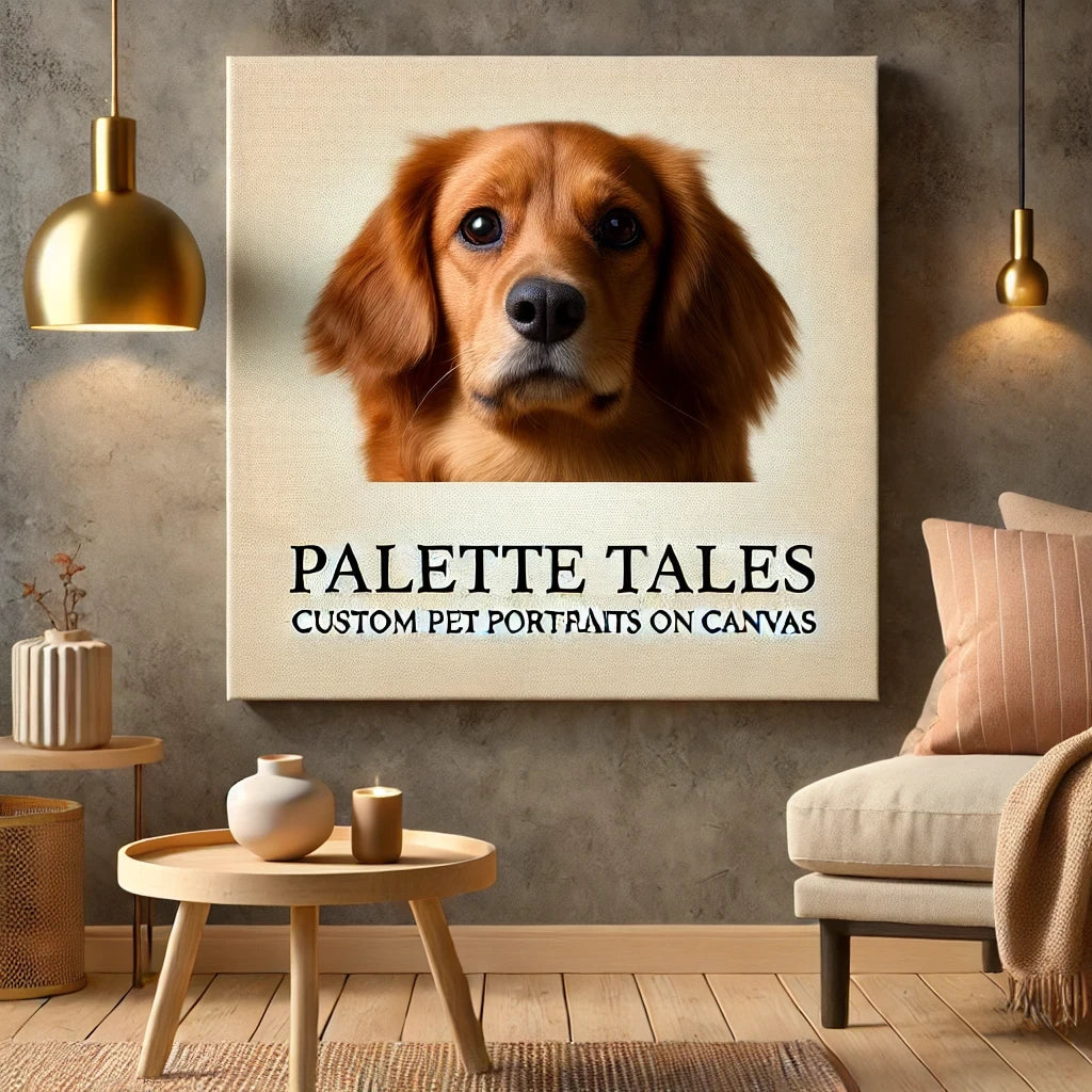 Custom pet portrait from Palette Tales displayed on canvas, showcasing quality materials and vibrant colors.