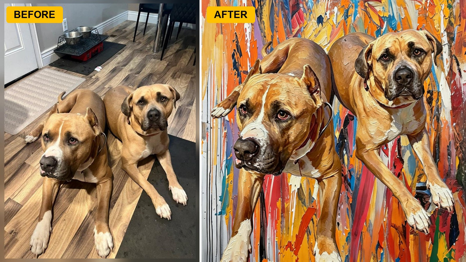 Before-and-after pet portrait artwork example for a gallery wall plan