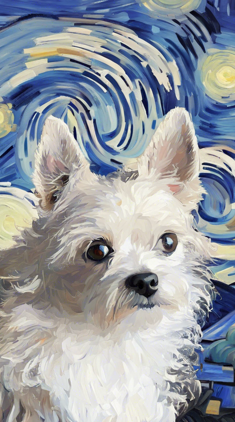 Painterly customer preview artwork of a white dog against a blue background