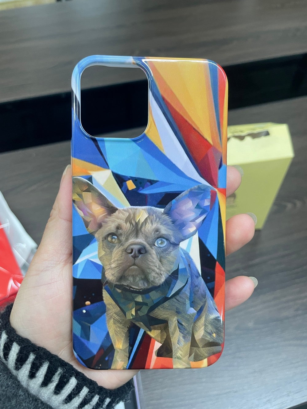 handheld custom pet phone case showing the camera cutout and printed pet artwork