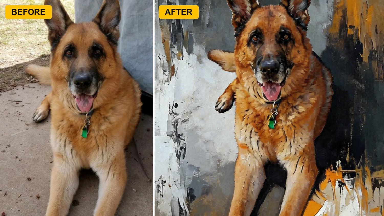 Before-and-after custom pet portrait artwork for a new-home gift