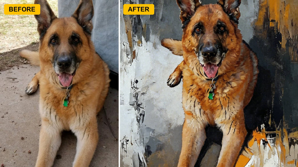 Customer photo beside a warm-toned pet portrait preview