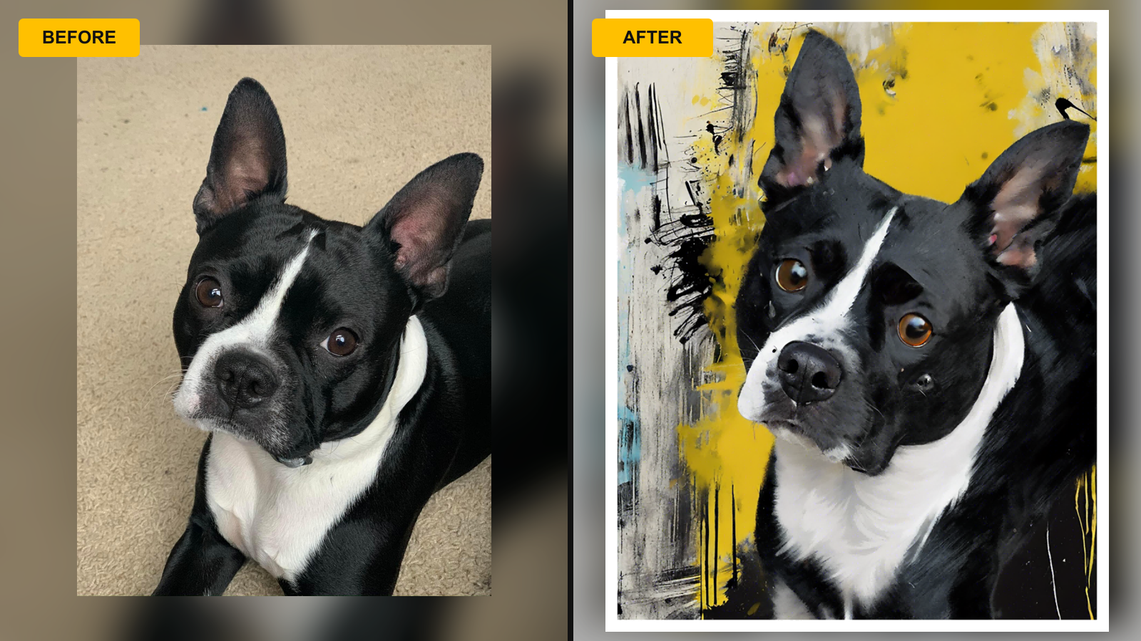 Black dog customer photo and custom pet portrait artwork comparison
