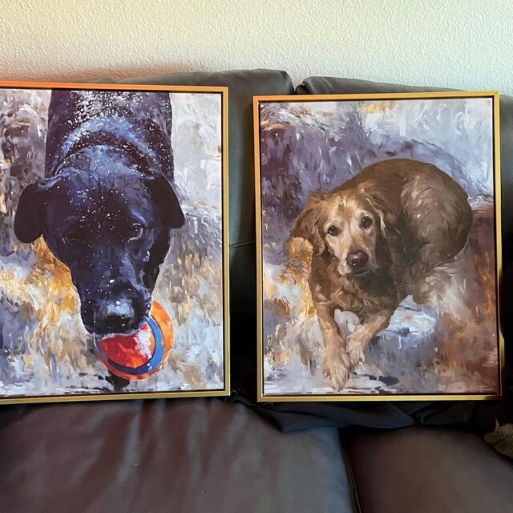 two framed pet portraits displayed together in a home setting