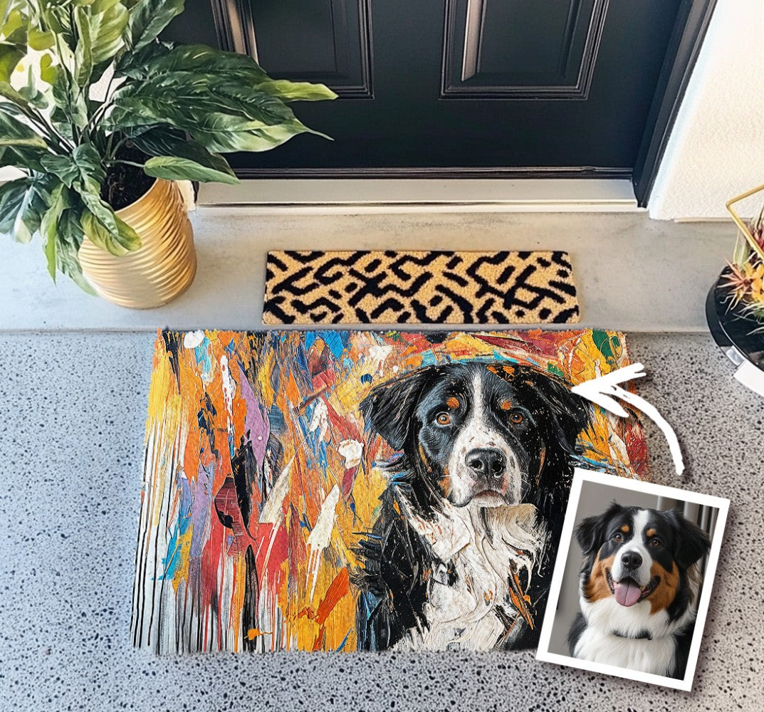 Custom pet doormat shown at an entryway beside the source dog photo