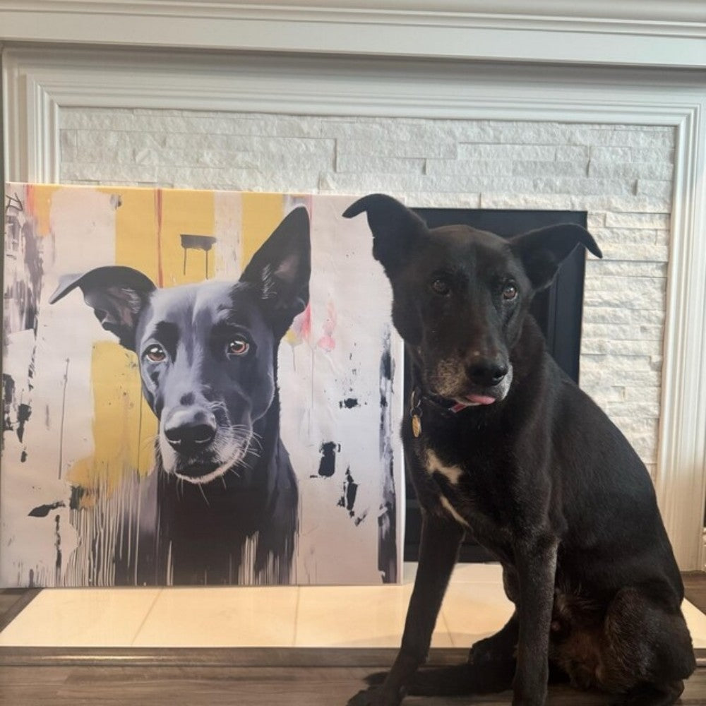 Custom dog portrait canvas displayed beside the photographed dog