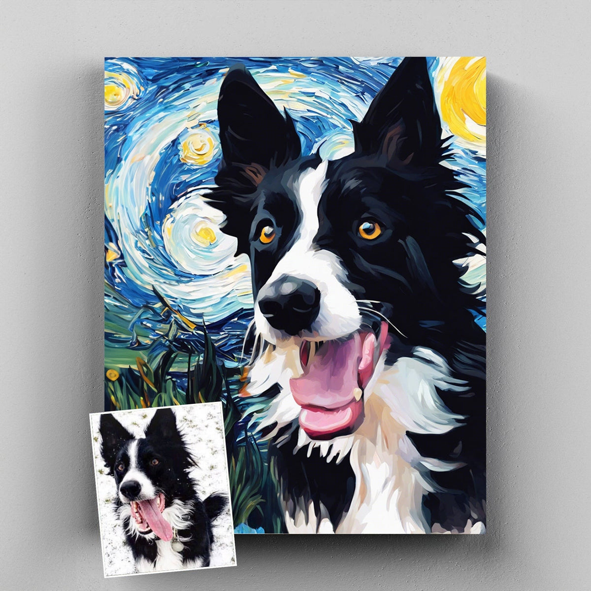 customer pet photo and stylized pet portrait before-and-after comparison