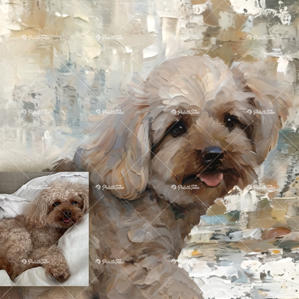 customer pet photo and stylized pet portrait before-and-after comparison