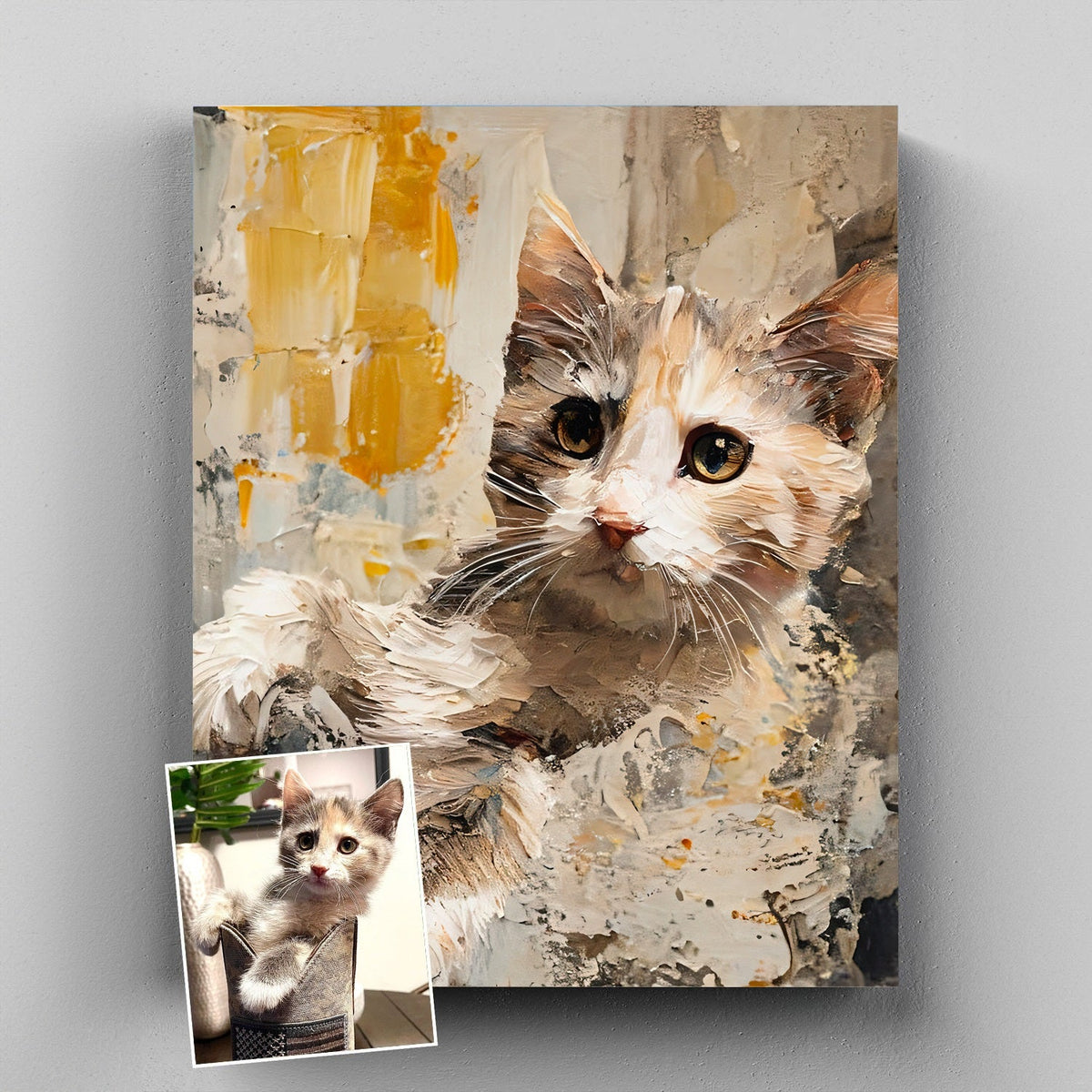 Customer pet photo and colorful portrait shown in a before-and-after comparison