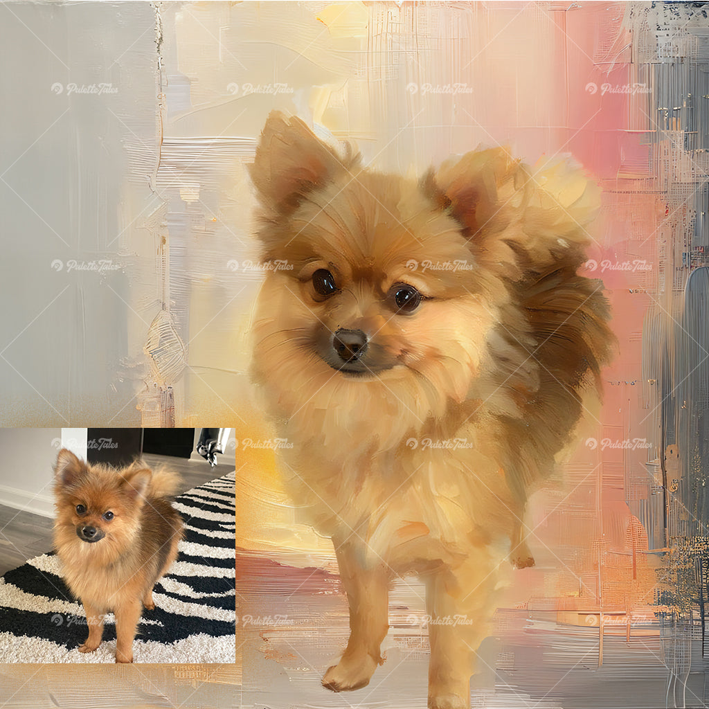 customer pet photo and stylized pet portrait before-and-after comparison