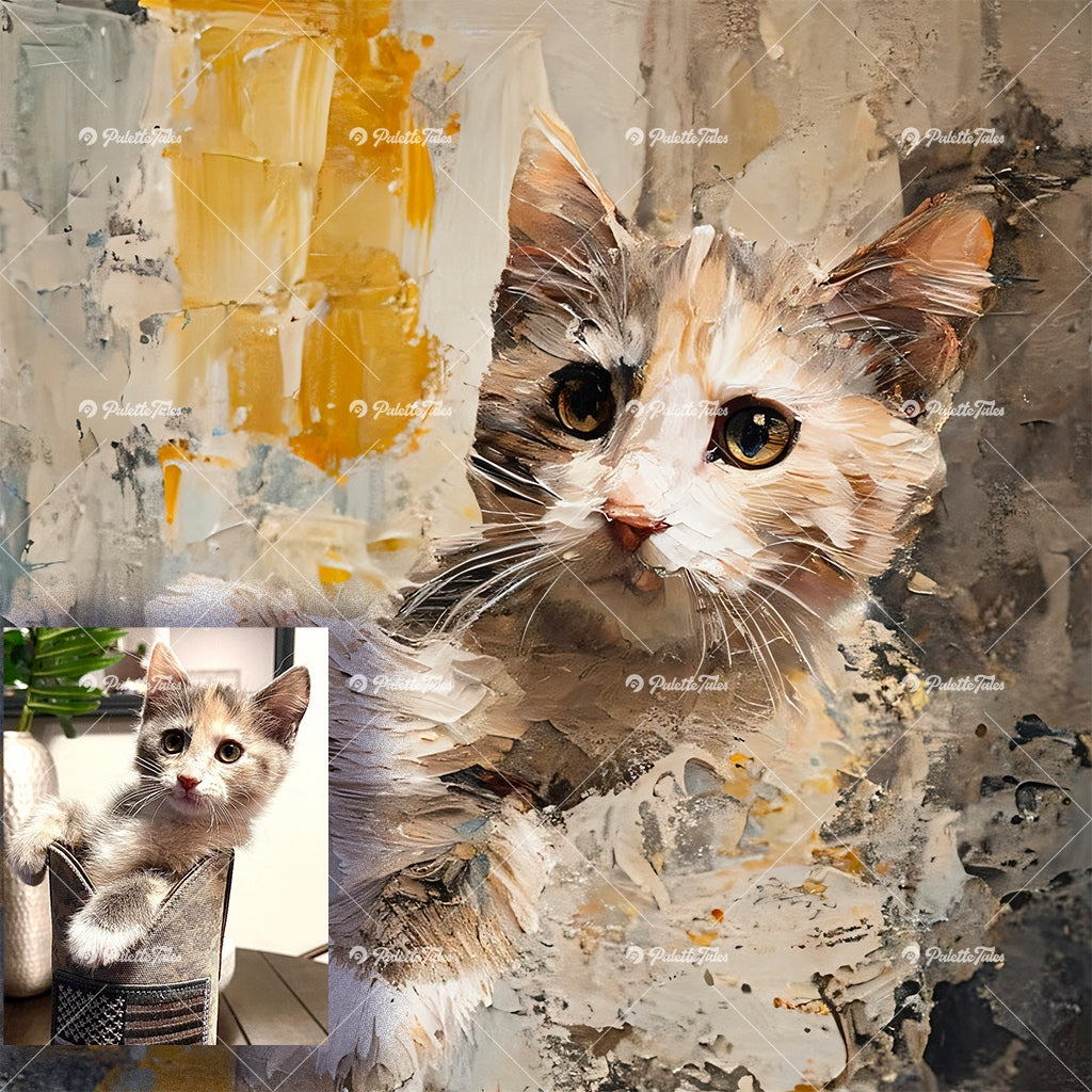 customer pet photo and stylized pet portrait before-and-after comparison