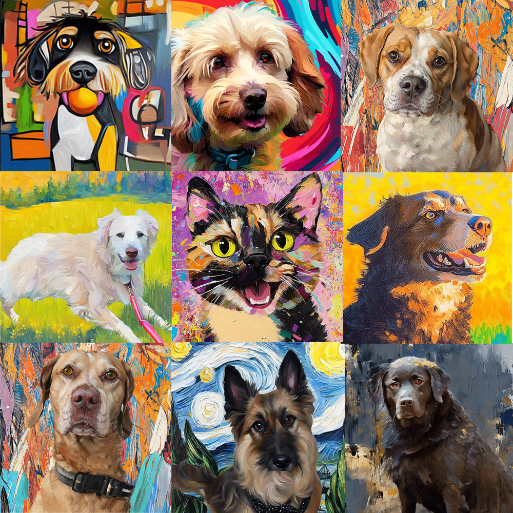 Collage of colorful pet portrait style examples