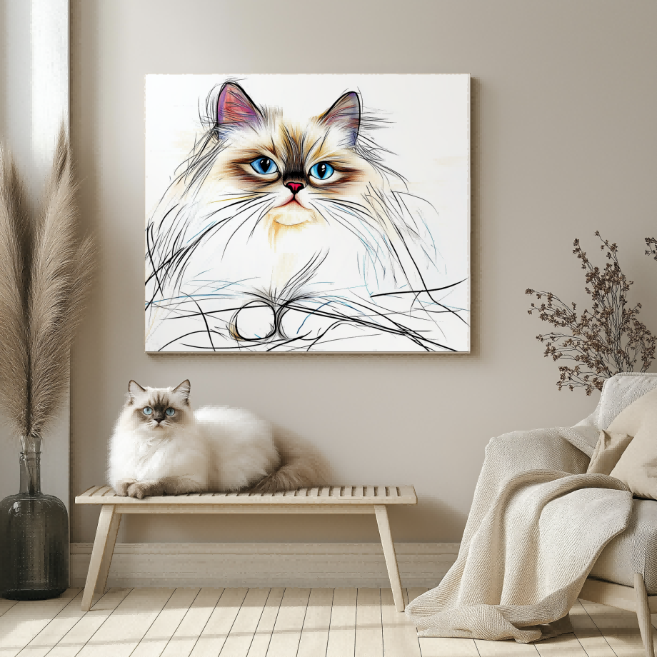 Line art pet portrait displayed in a home setting