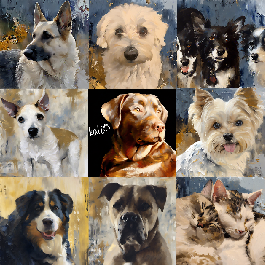 Collage of colorful abstract pet portrait styles