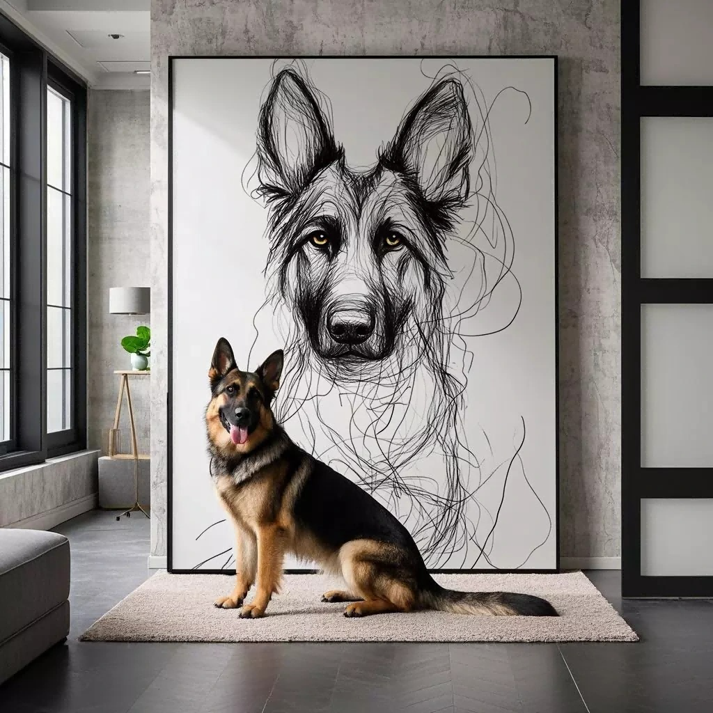 line art pet portrait displayed in a modern interior