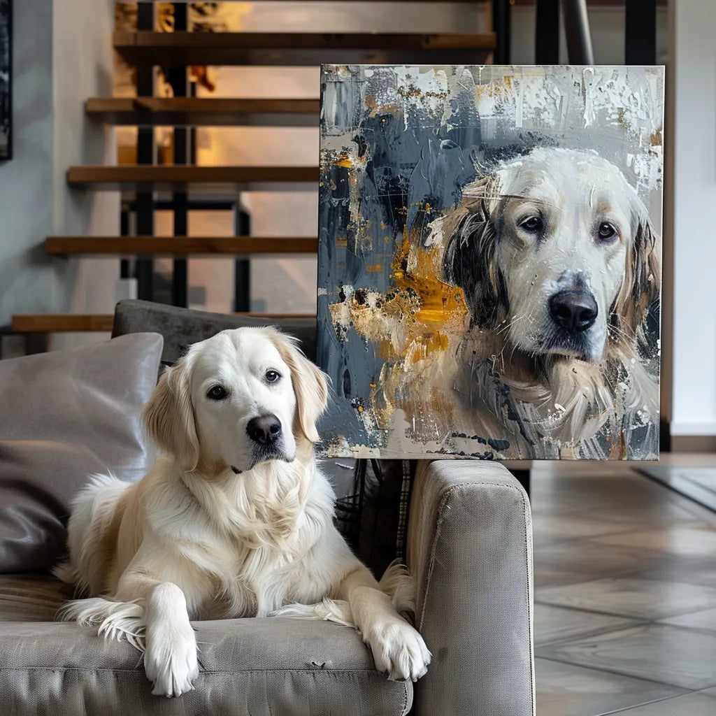 Pet portrait canvas shown with a pet in a home setting