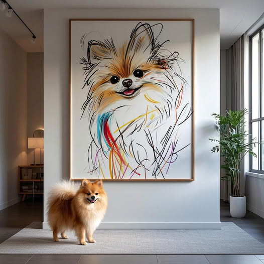 line art pet portrait displayed in a modern interior