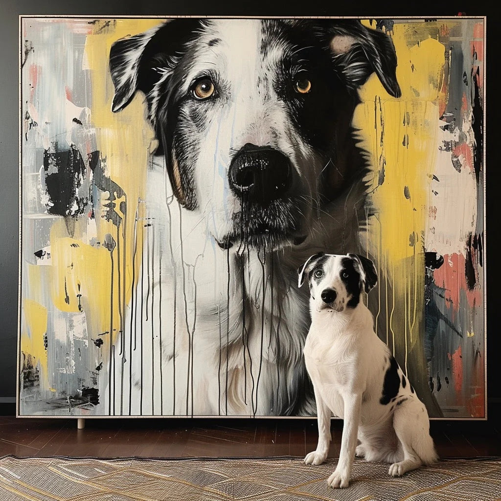 modern black-and-yellow dog portrait displayed in an interior