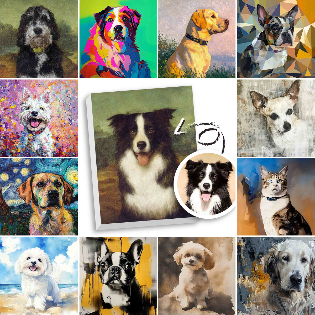 Examples of different pet portrait art directions