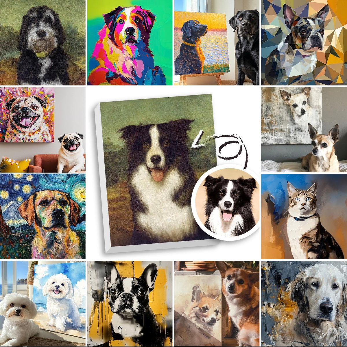 Examples of varied pet portrait and illustration directions