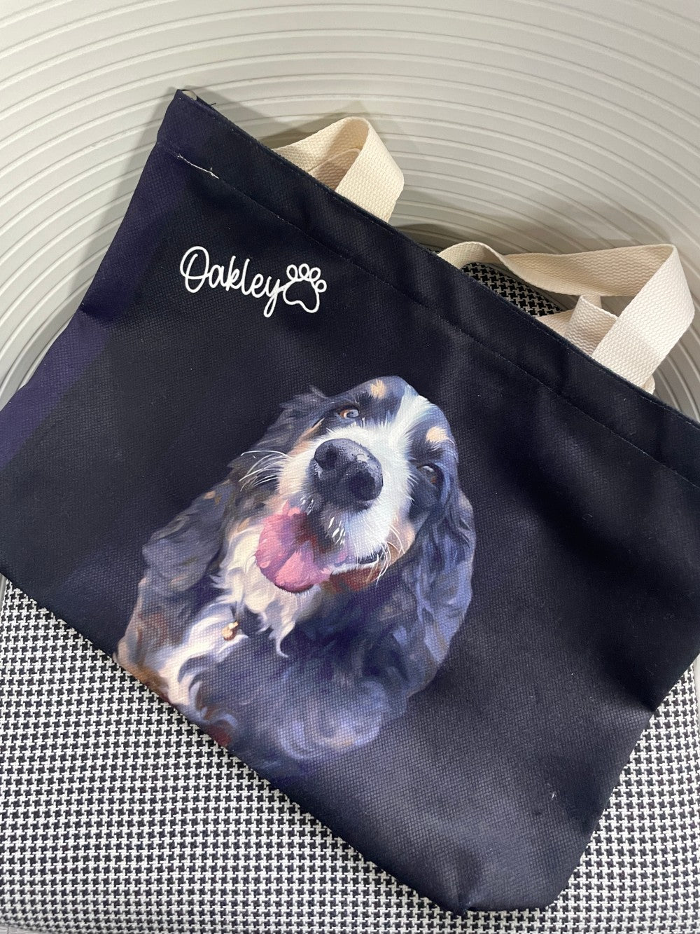 physical black tote bag with personalized dog artwork