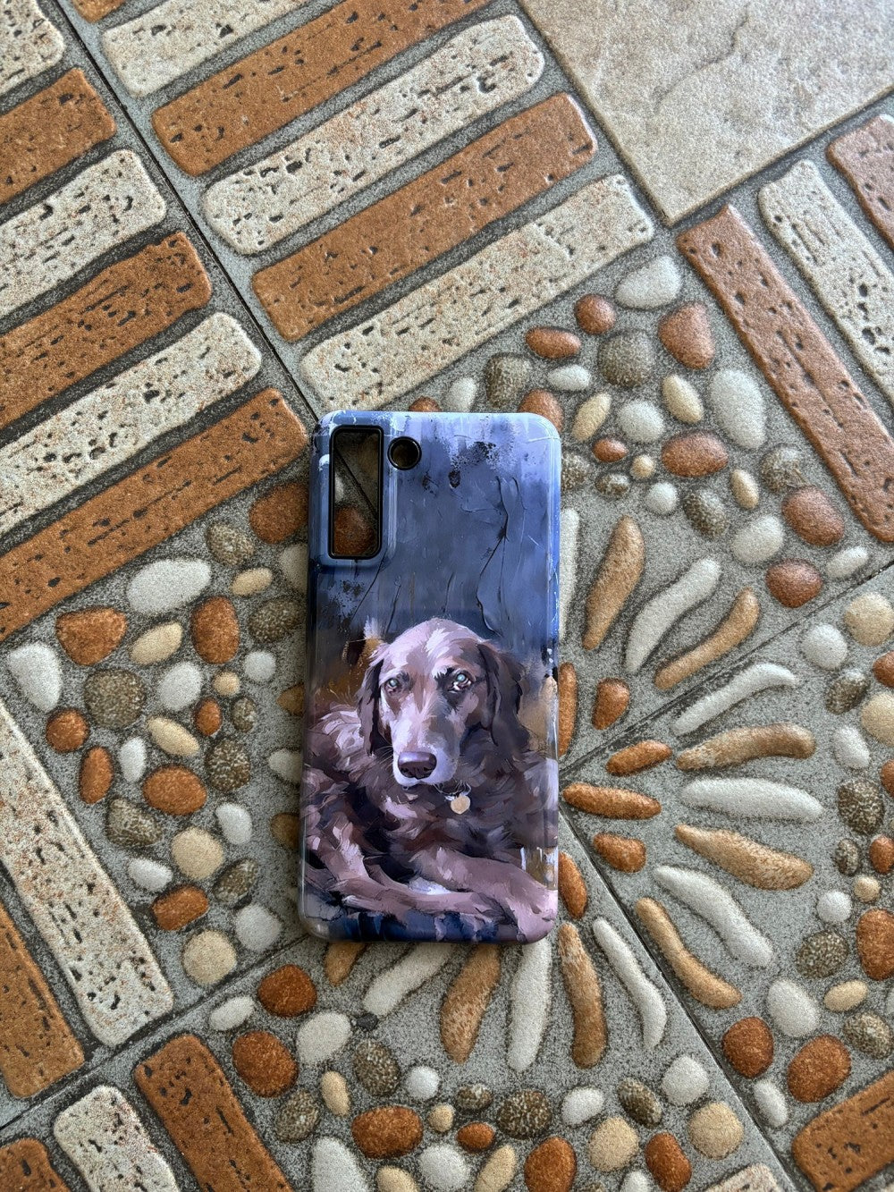Custom pet phone case photographed in an outdoor setting
