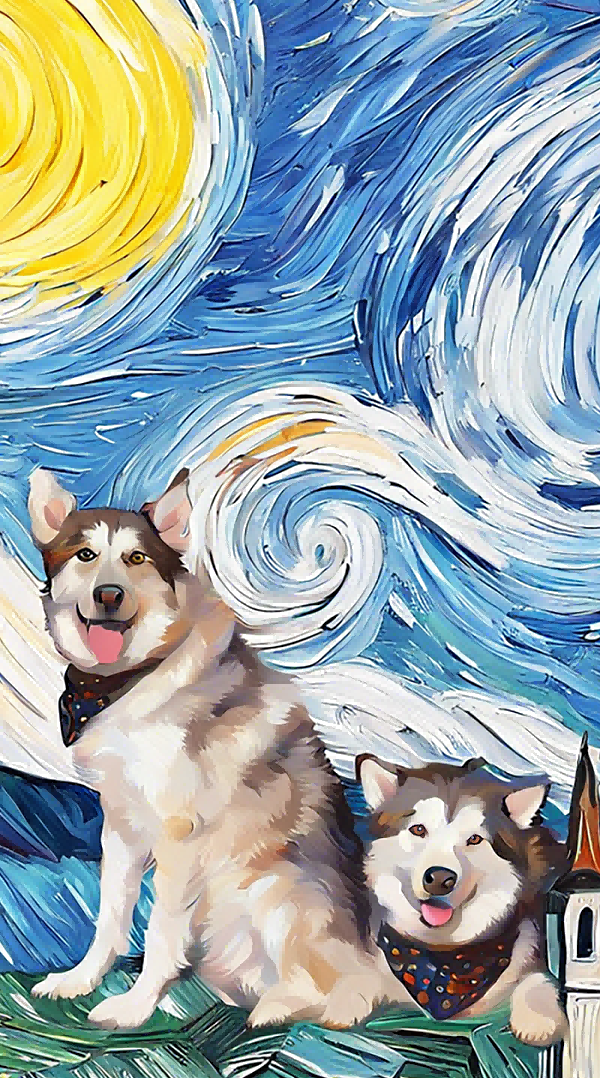 two dogs in a swirling blue and yellow custom portrait artwork