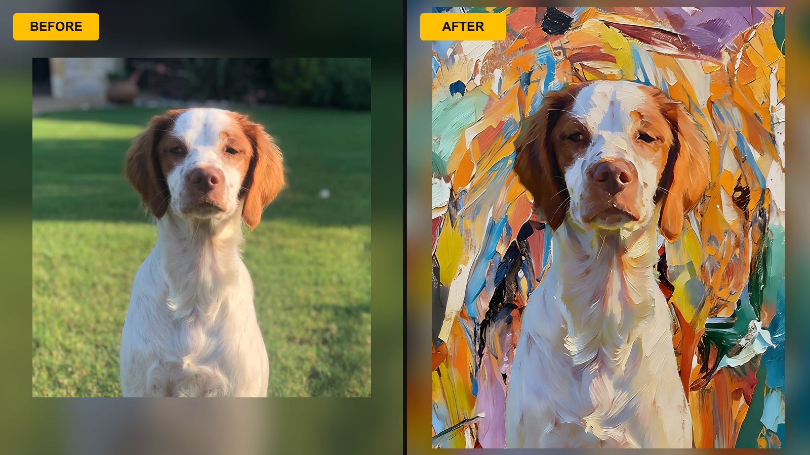 Customer spaniel photo beside custom pet portrait artwork