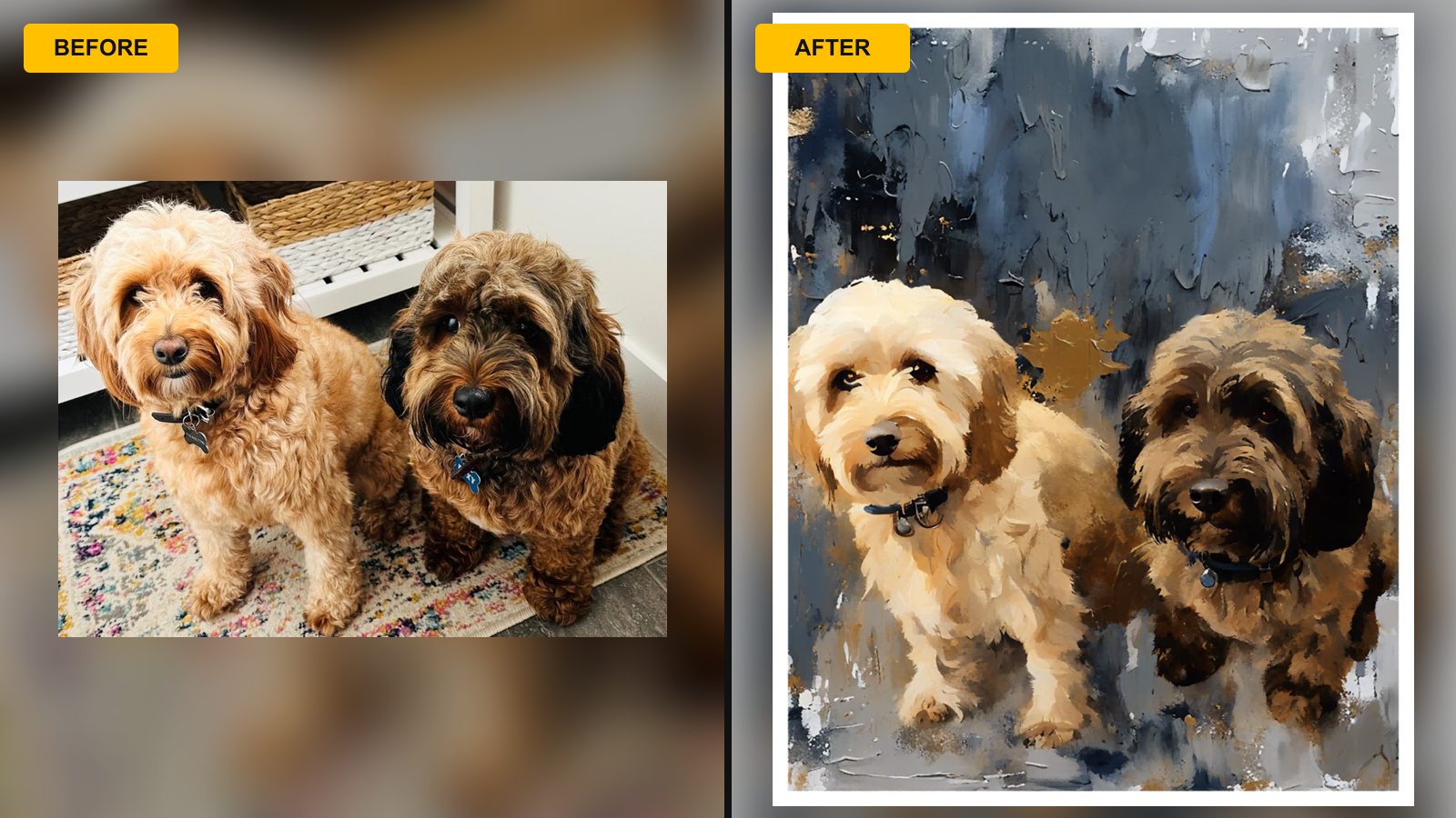 two customer dog photos combined into custom multi-pet portrait artwork