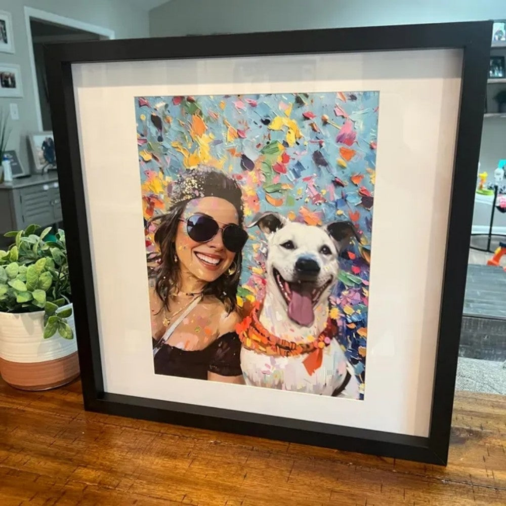 Framed custom pet portrait displayed on a table in a home setting
