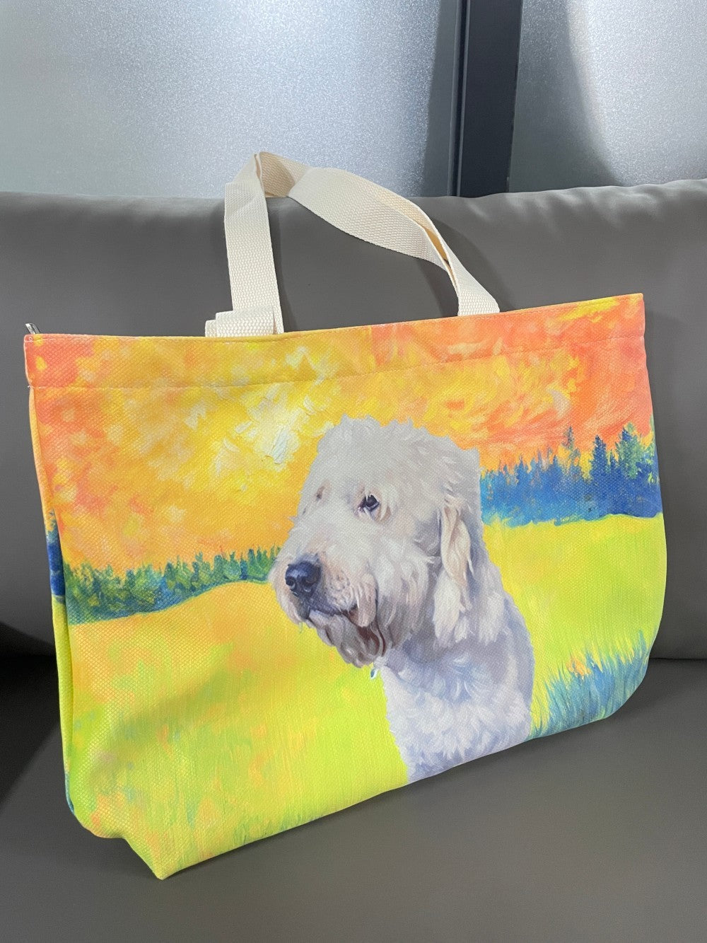 physical custom pet tote bag with white dog artwork