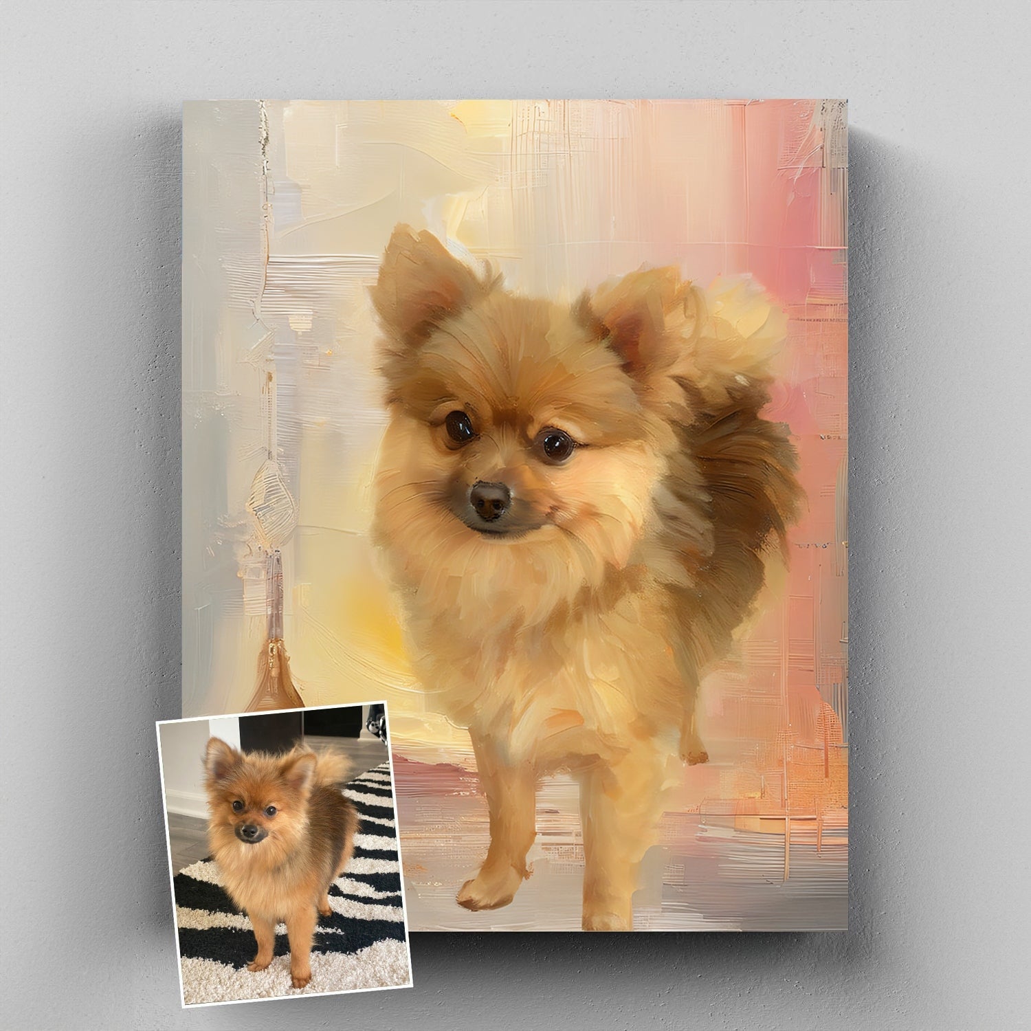 customer dog photo shown beside its custom pet portrait artwork