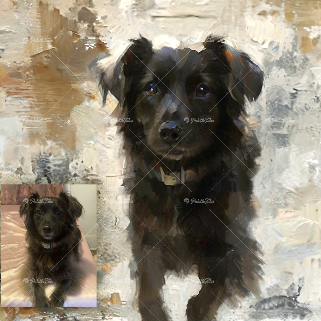 customer pet photo shown beside its personalized portrait artwork