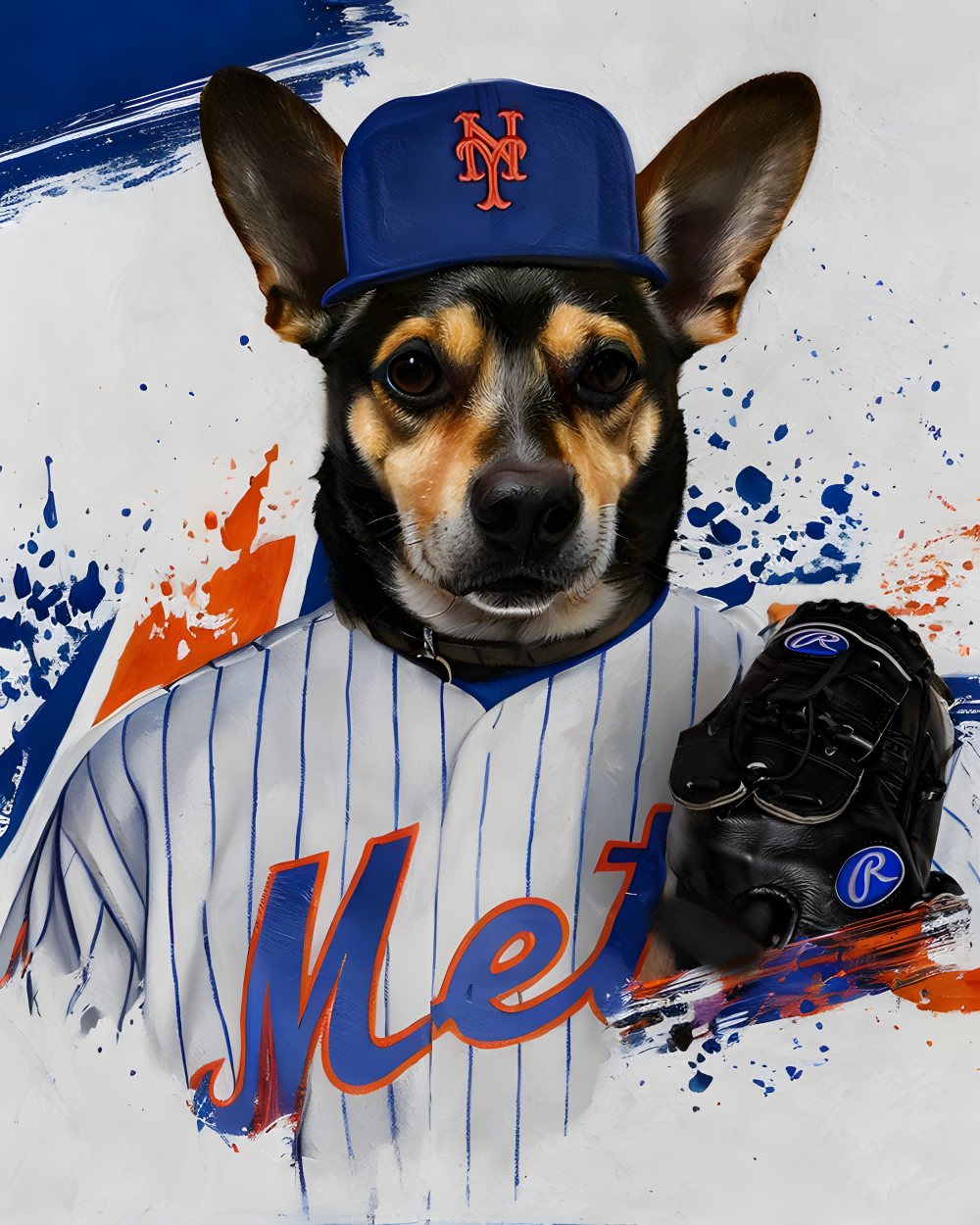 Baseball-inspired single-dog sports portrait artwork with a glove
